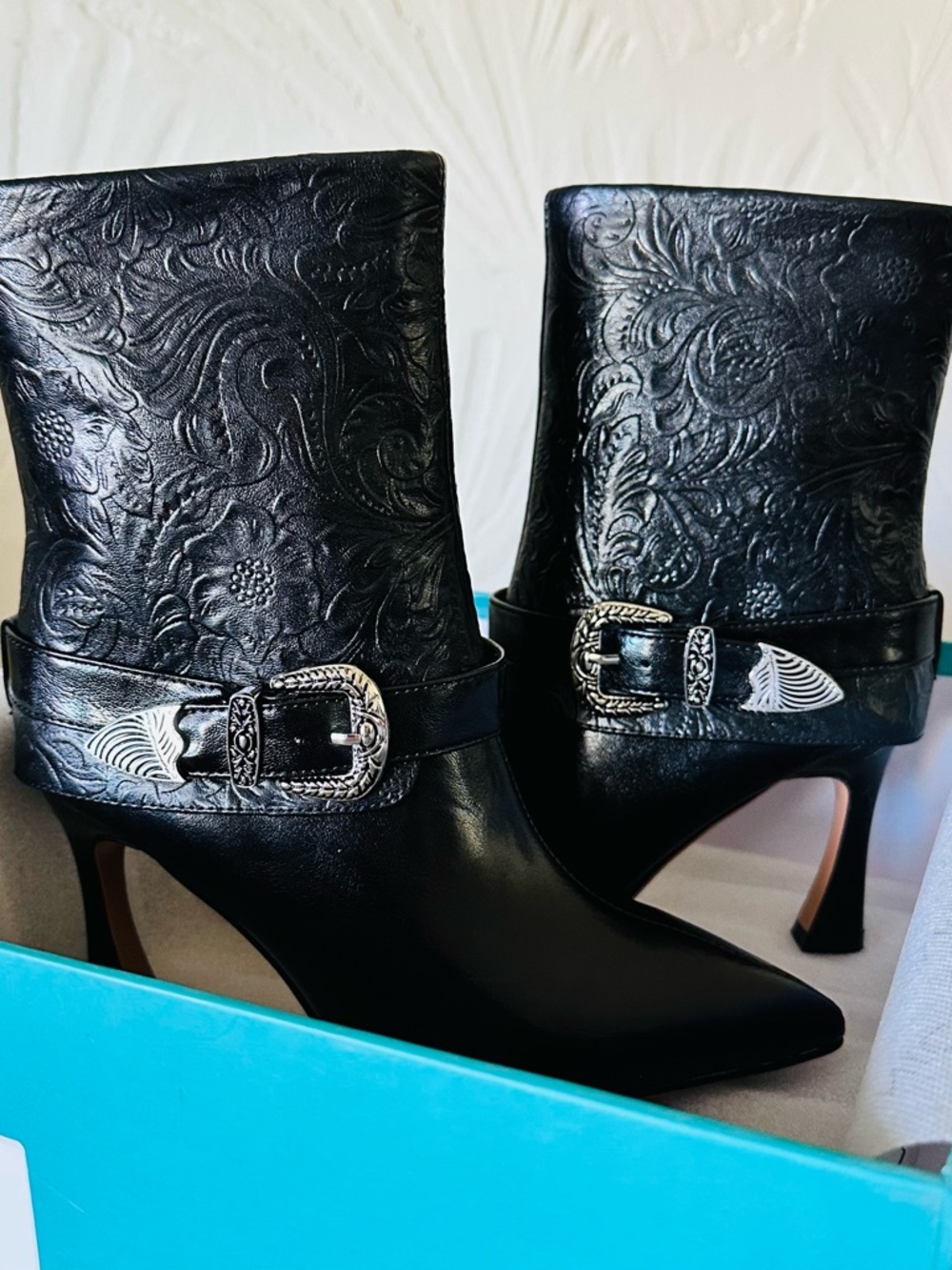 Black Embossed Pointed-Toe Heeled Ankle Boots with Silver Buckle